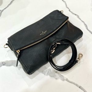 Kate Spade Soft Black Pebble Leather Fold Over Crossbody Bag/ Clutch.
